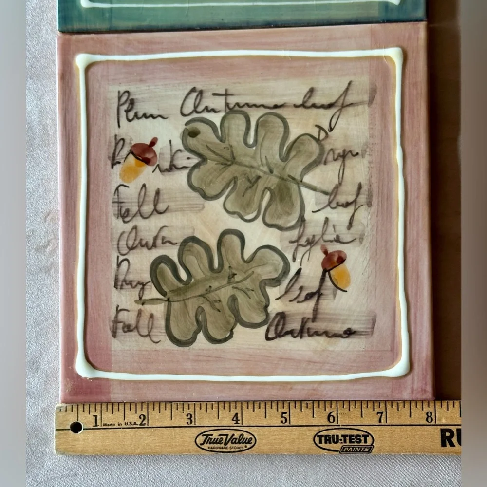 Crate & Barrel Set (2) Tile Trivets Hand Painted Made in Italy EUC Leaves Plum